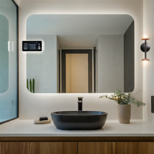bathroom sink with home assistant in mirror