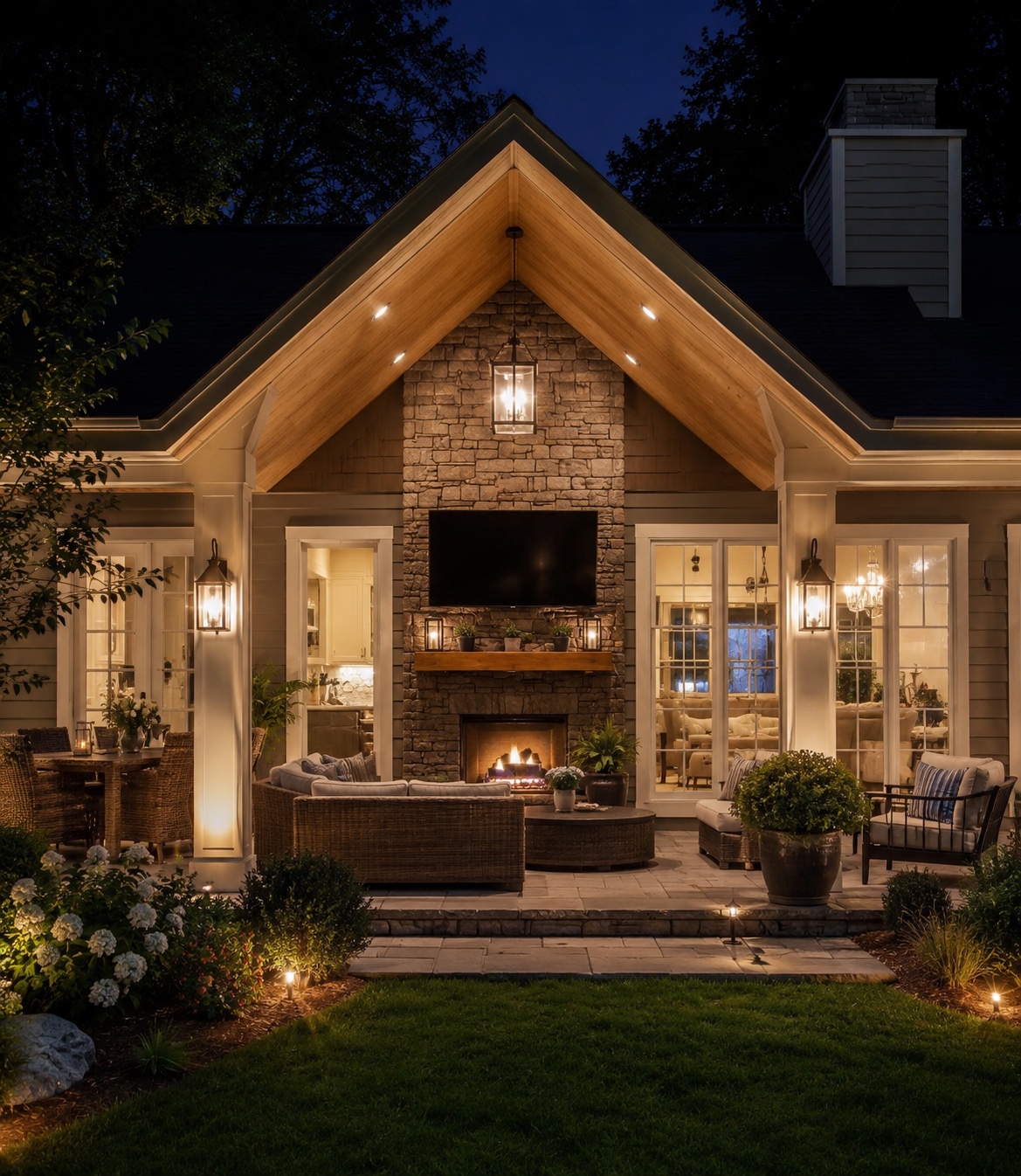 House and porch at dusk with the outdoor and landscape lighting on by itself