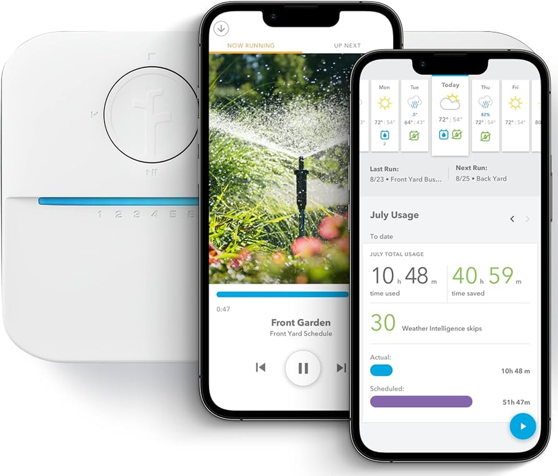 Rachio 3 smart sprinkler controller with the app showing weather-based watering schedules and rain skips