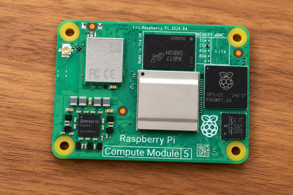 Raspberry Pi Compute Module 5 board on a wooden desk