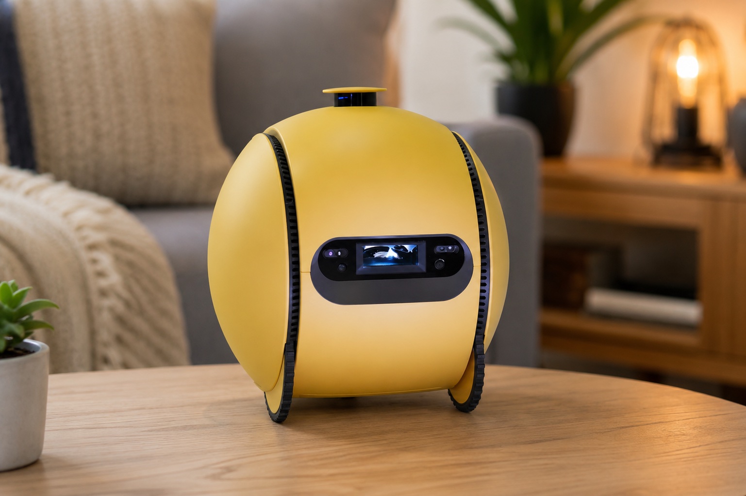 Yellow Ballie-style rolling home robot ball sitting on a living room coffee table
